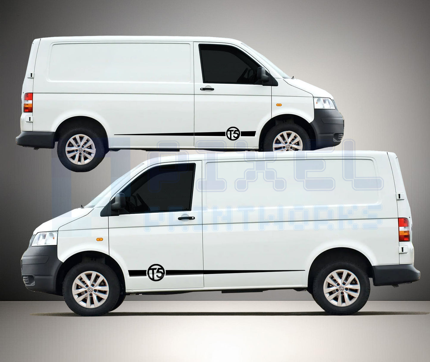 VW Transporter T5 side stripe decals with thin accent line and circular T5 logo emblem fitted to van showing clean modern styling