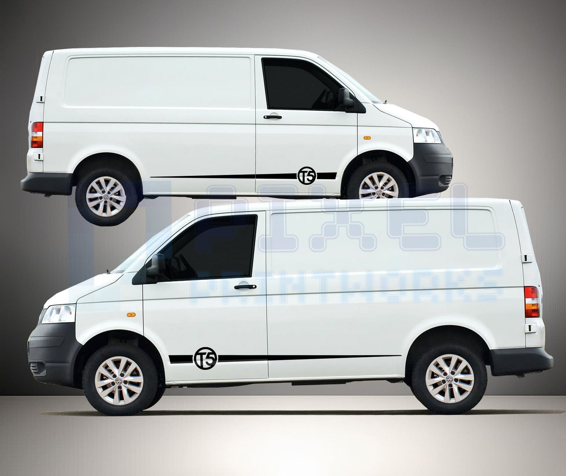 VW Transporter T5 side stripe decals with thin accent line and circular T5 logo emblem fitted to van showing clean modern styling