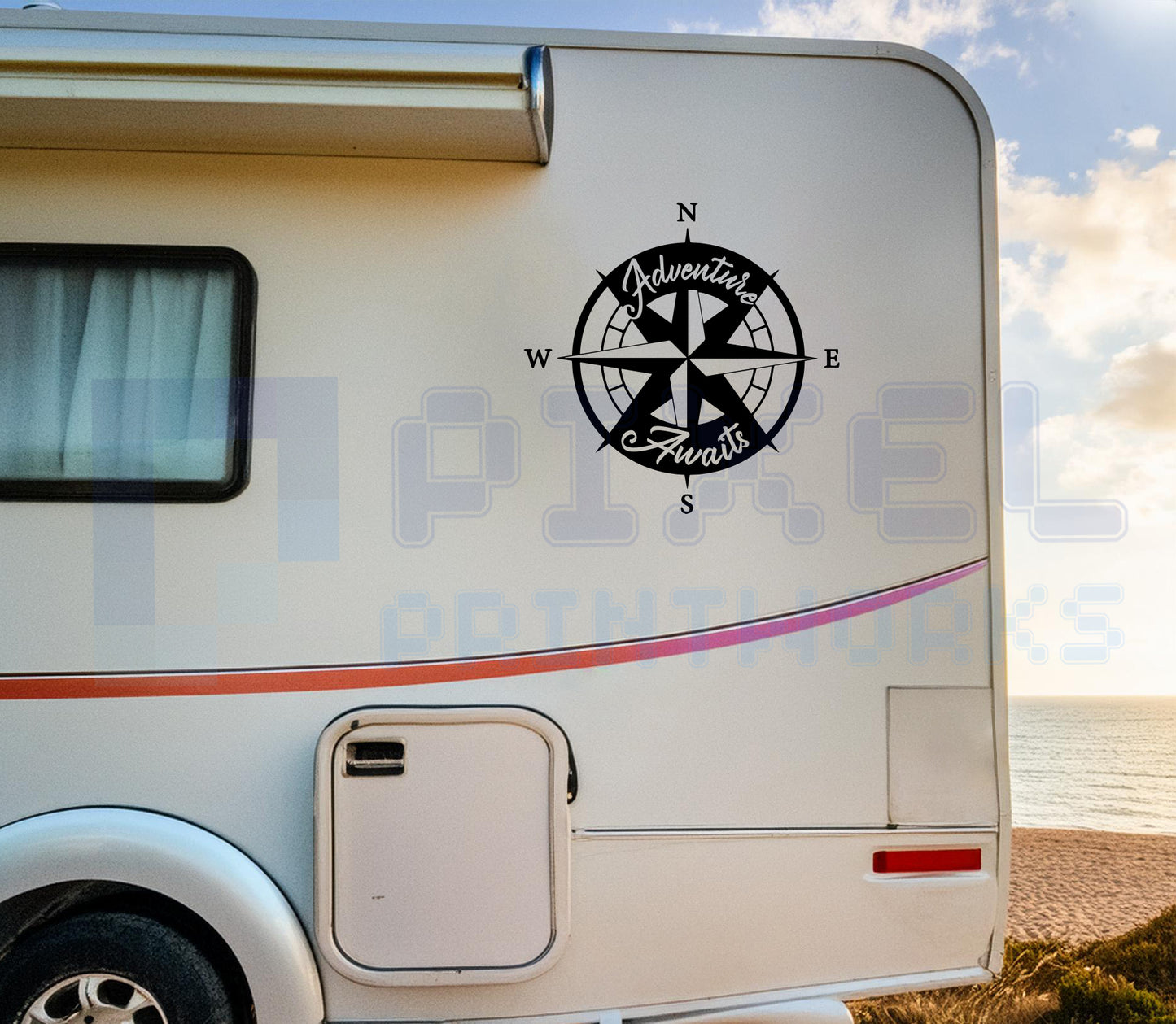 Adventure Awaits Compass Decal – Vinyl Sticker for Campervans & Motorhomes | Pixel Printworks