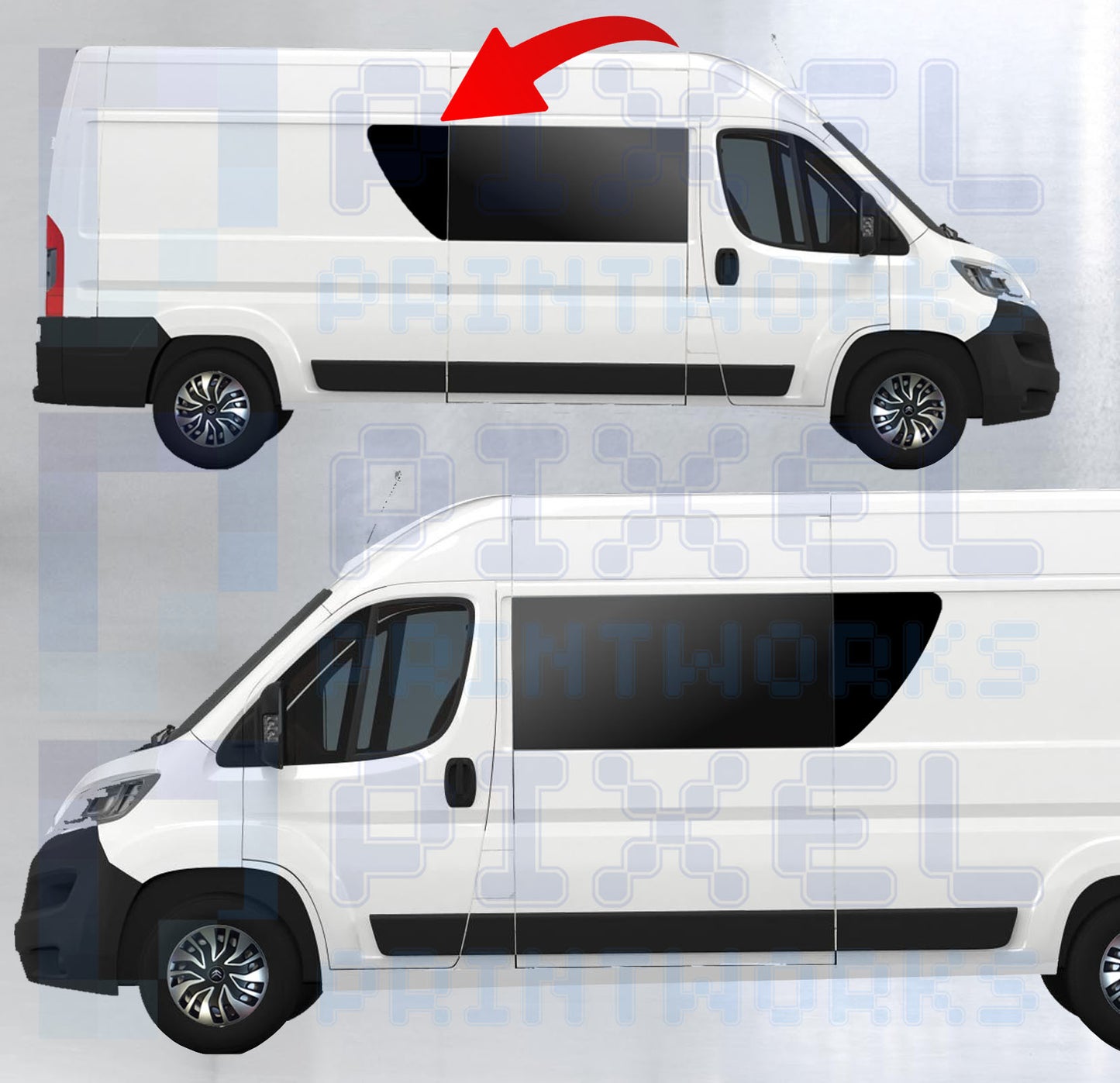 Universal Camper Van Rear Window Extender Vinyl Decal for LWB - by Pixel Printworks