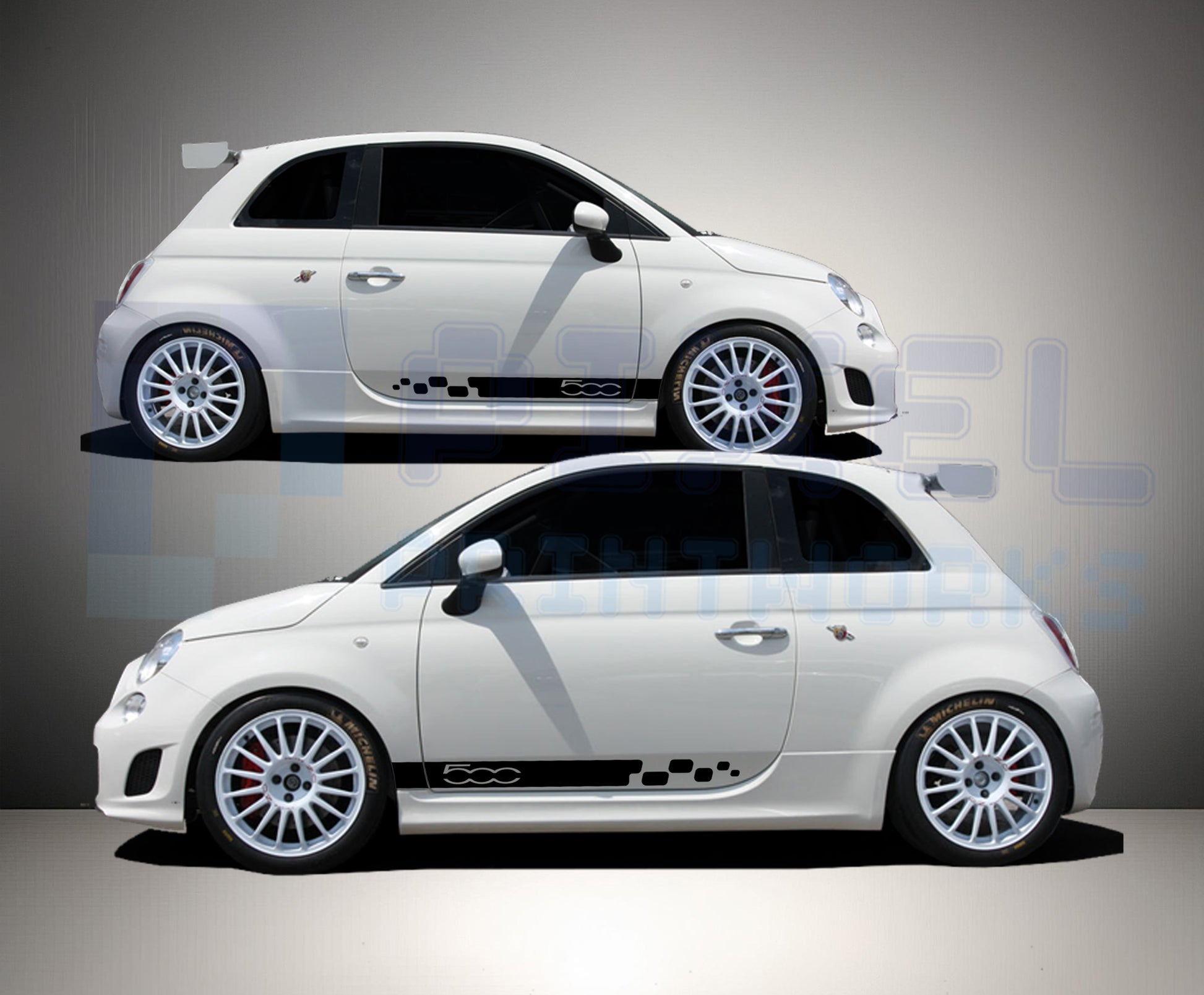 checkered side stripe vinyl decals applied to Fiat 500 showing modern motorsport styling with refined racing design