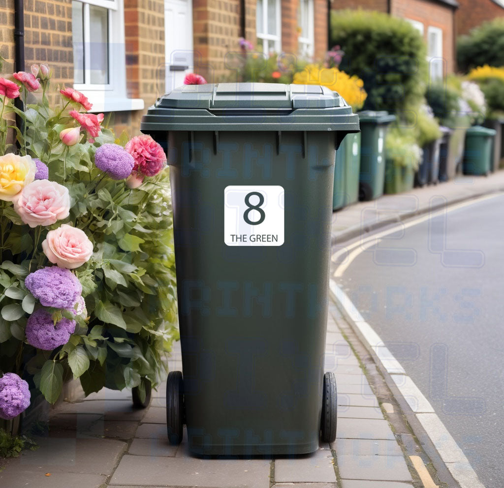 Personalised Wheelie Bin Sticker | Square Vinyl Decal | Number & Street Name | Pack of 1, 2, 3 or 4