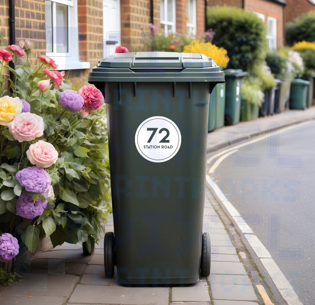 Personalised Wheelie Bin Sticker | Circle Style Vinyl Decal | Number & Street Name | Pack of 1, 2, 3 or 4