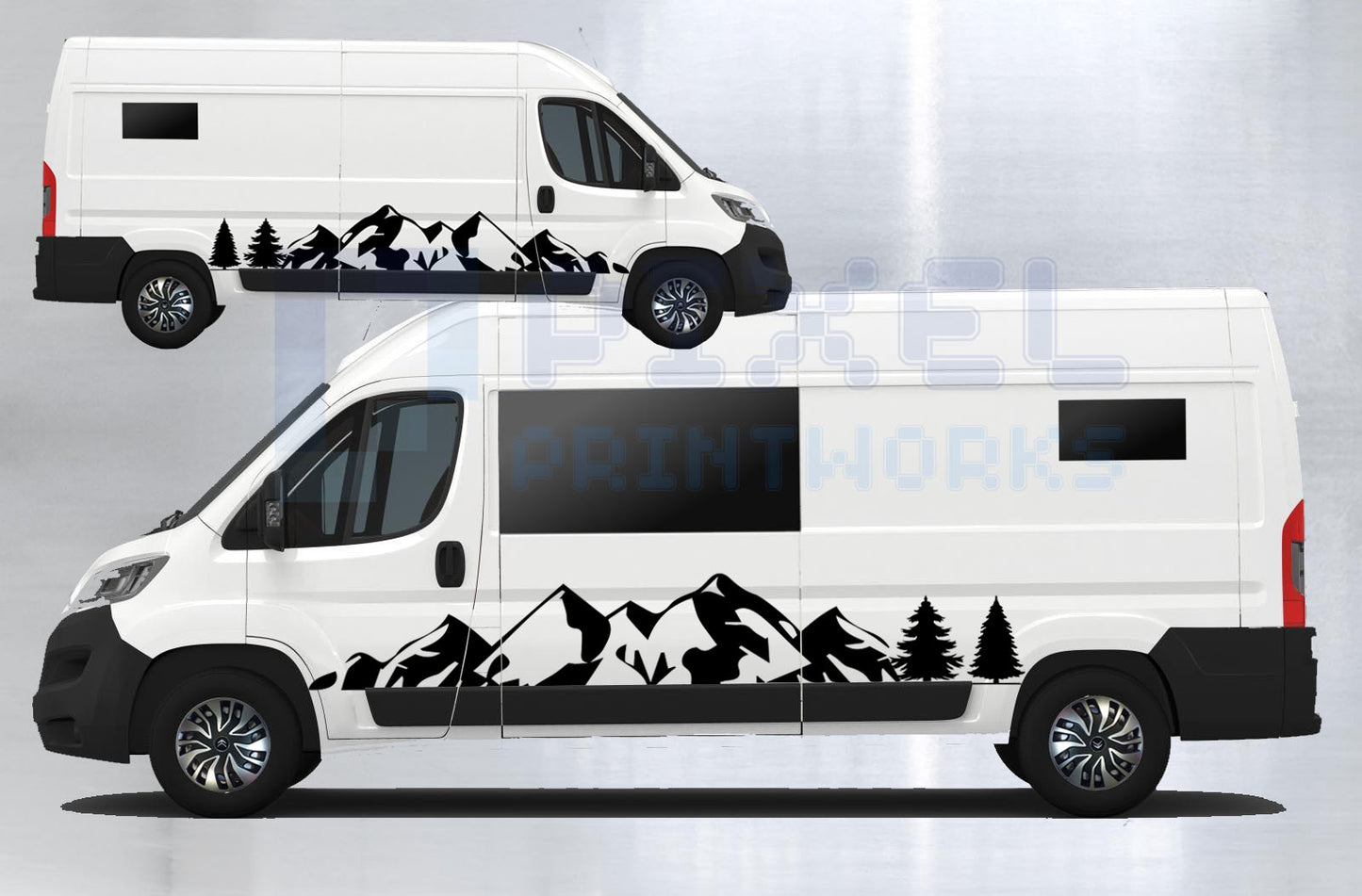 Full-Length Mountain Side Decal for LWB Vans – Vinyl Graphic Kit (2pc)