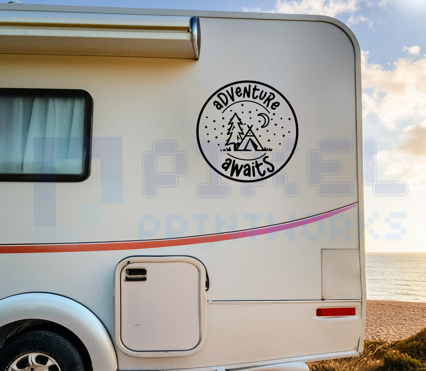 Adventure Awaits Camping Decal – Starry Night Vinyl Sticker for Campervans | Pixel Printworks