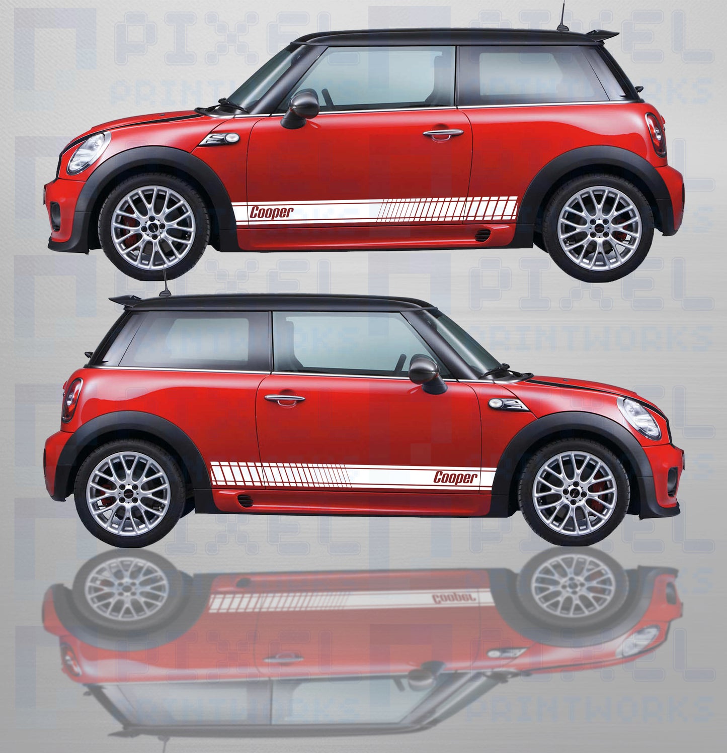 Two views of a red Mini Cooper car on a reflective surface with a gray background.