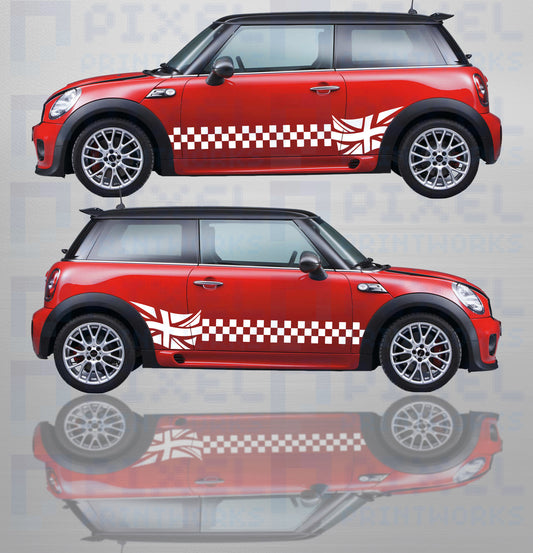 Mini Cooper fitted with Union Jack vinyl side stripe decals showcasing bold British styling