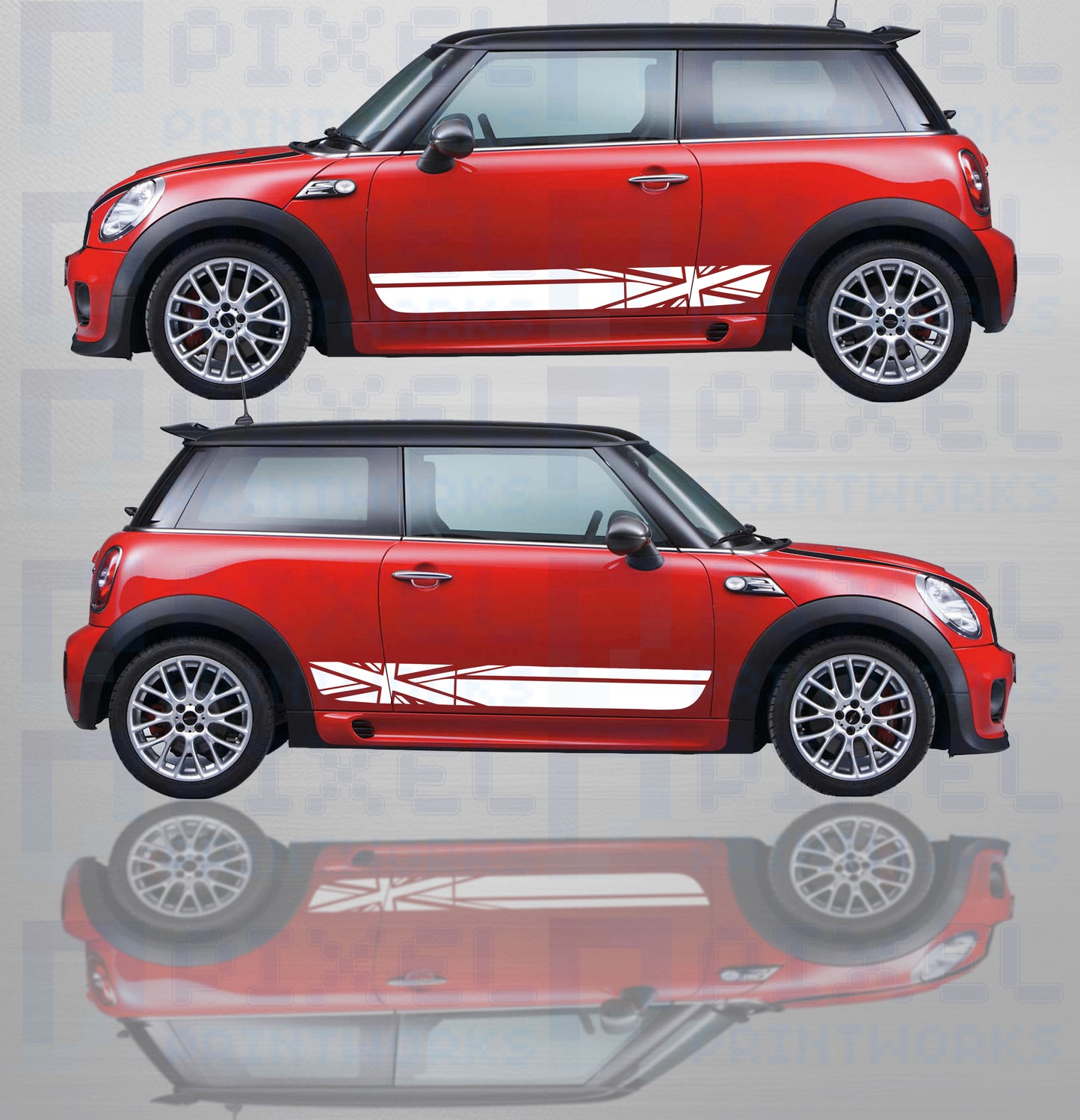 Red Mini Cooper with bold Union Jack block style vinyl side stripe decals applied to both sides, premium custom graphics by Pixel Printworks