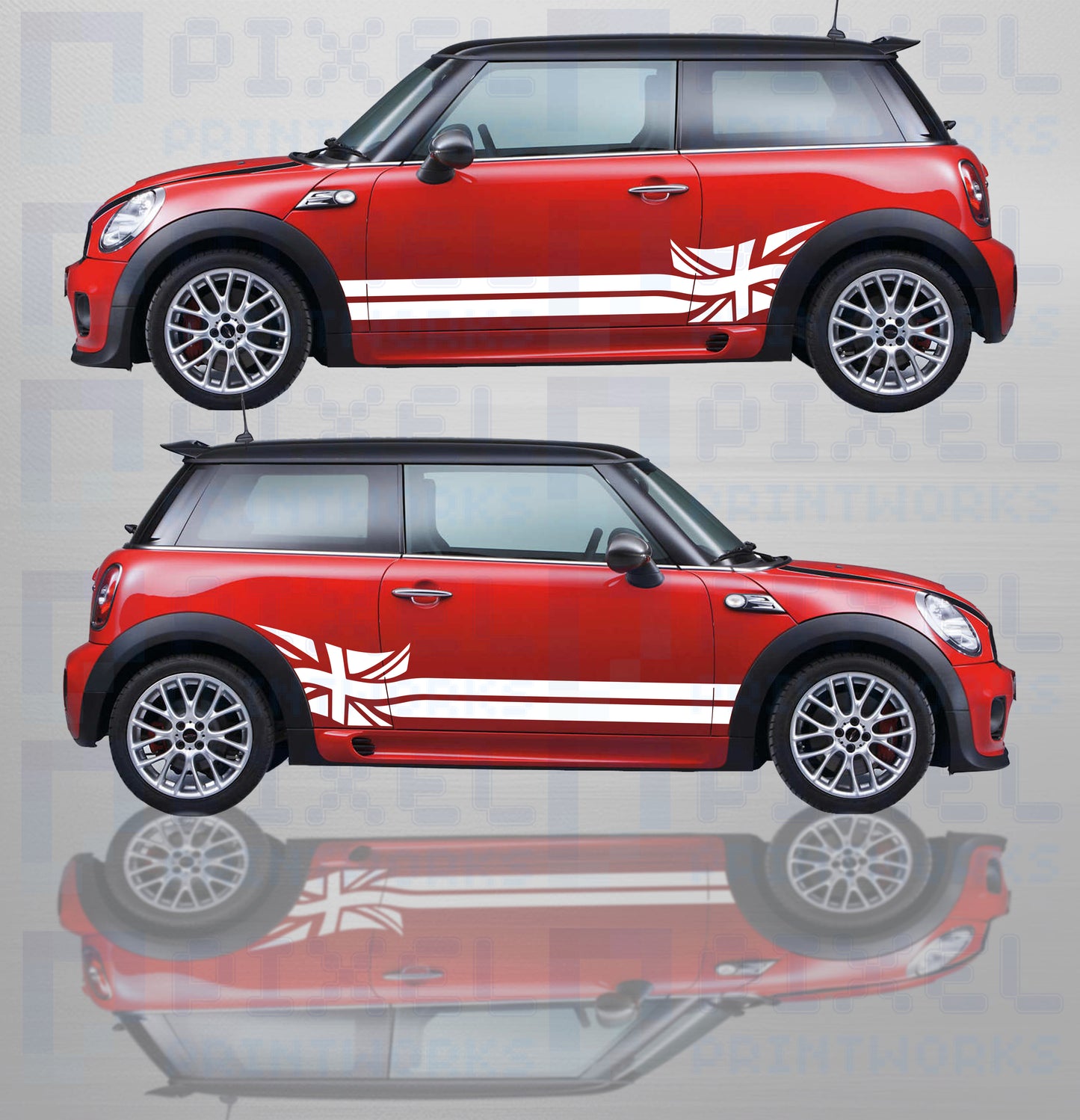 Mini Cooper with Union Jack vinyl side stripe decals fitted showing bold British styling upgrade
