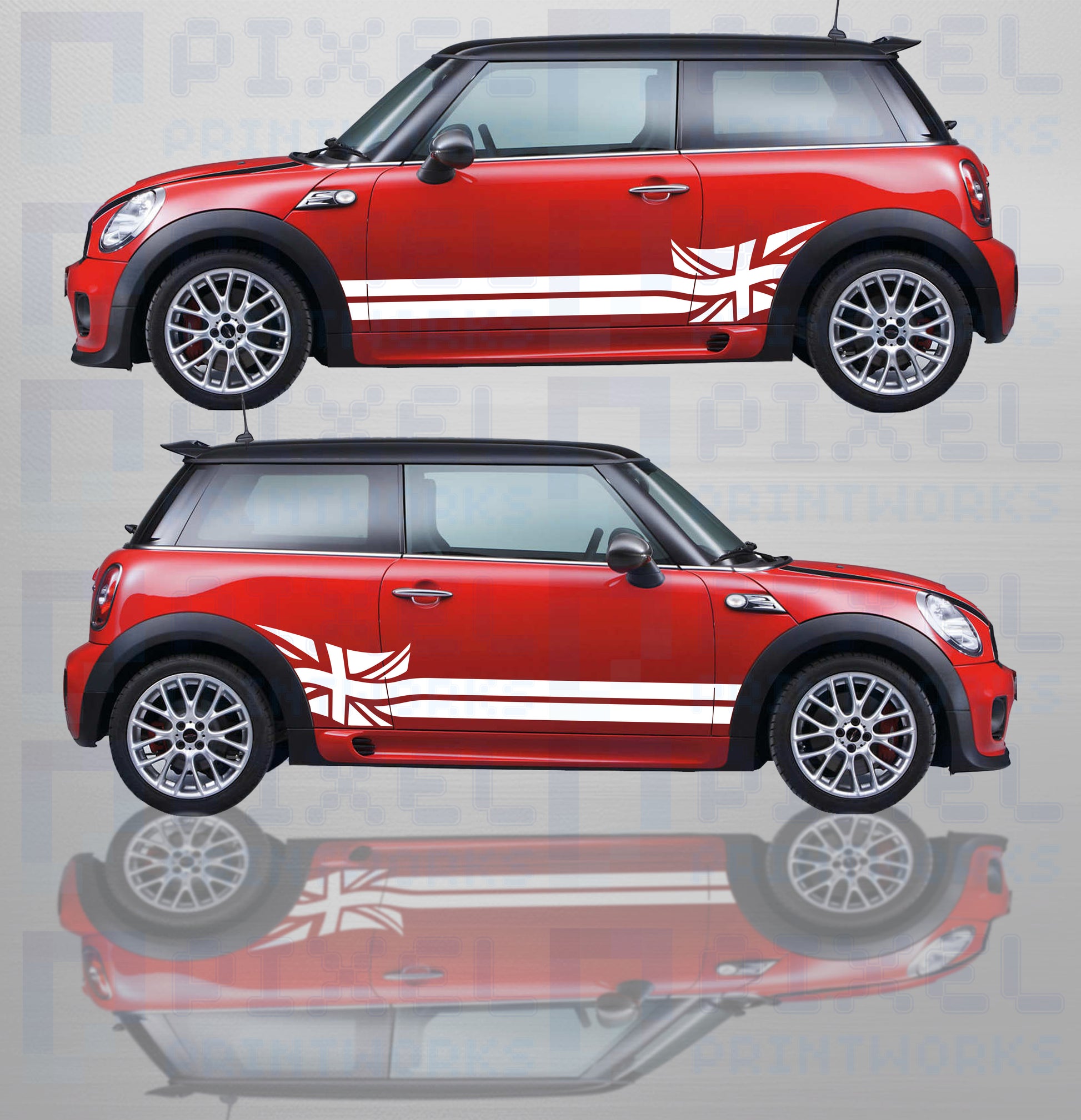 Mini Cooper with Union Jack vinyl side stripe decals fitted showing bold British styling upgrade