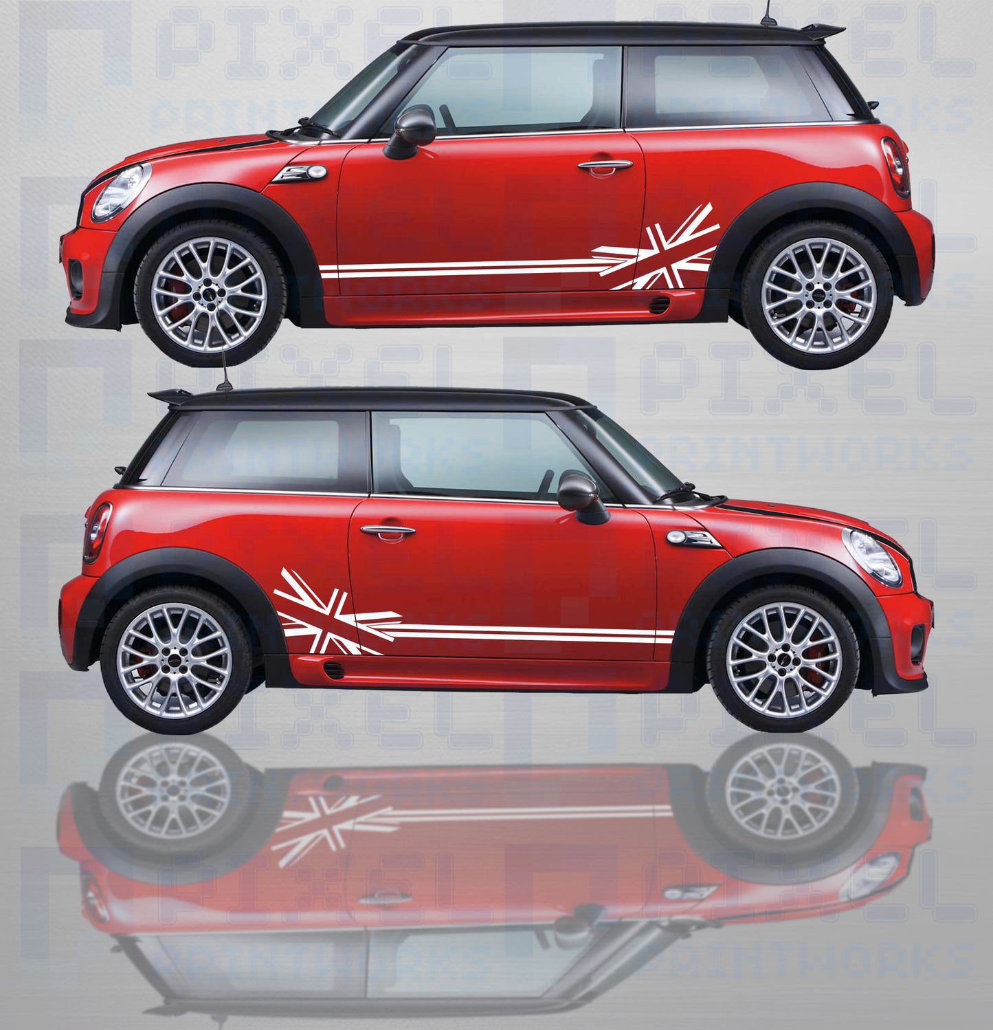 Mini Cooper red car with Union Jack vinyl side stripe decals applied to both doors, premium racing graphics by Pixel Printworks
