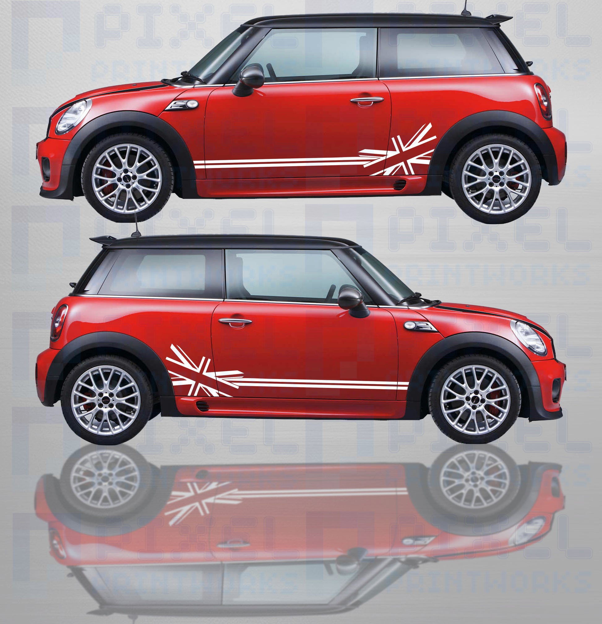 Mini Cooper red car with Union Jack vinyl side stripe decals applied to both doors, premium racing graphics by Pixel Printworks