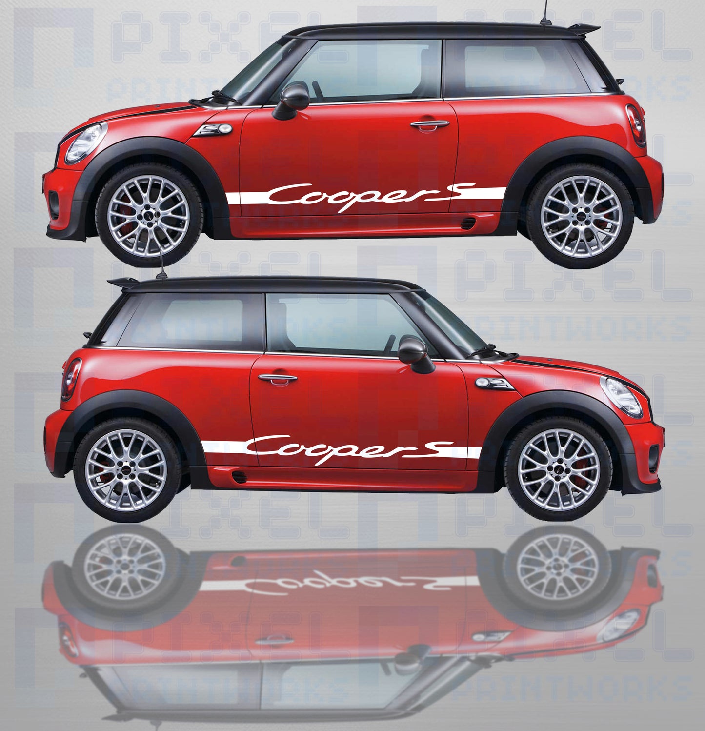 Mini Cooper S with vinyl side stripe decals fitted along the doors showing sporty body styling by Pixel Printworks