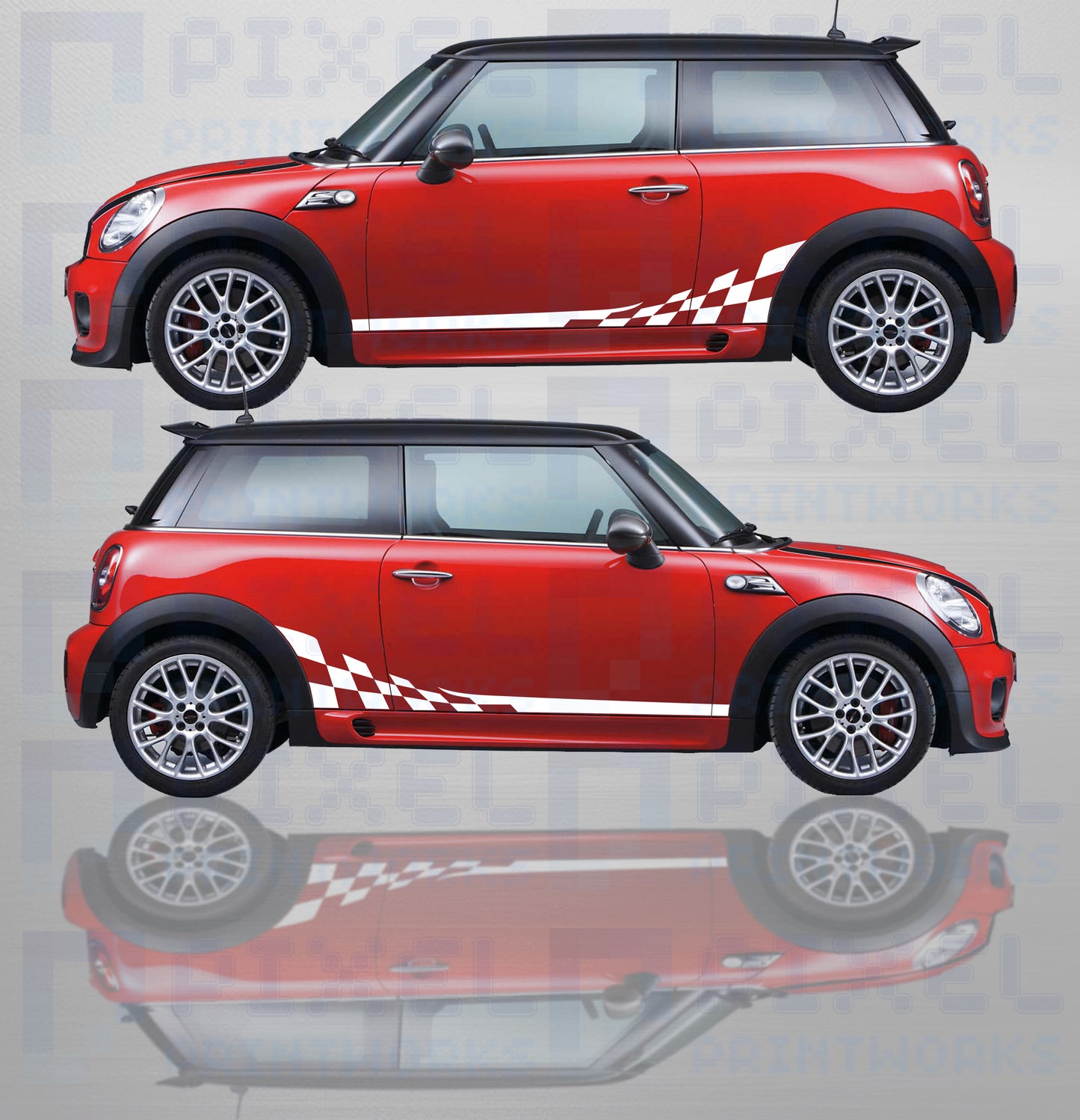 Mini Cooper with vinyl side stripe decals fitted along the doors showing sporty styling upgrade