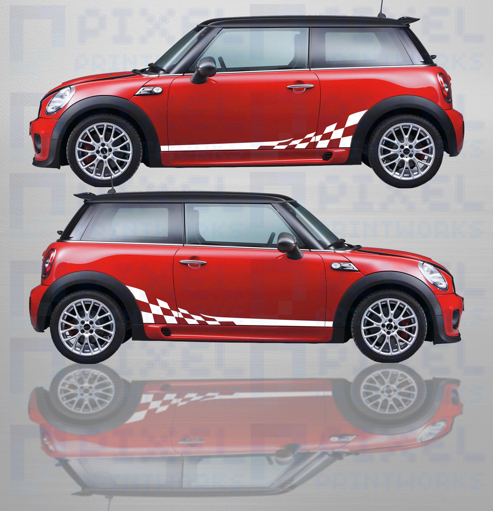 Mini Cooper with vinyl side stripe decals fitted along the doors showing sporty styling upgrade