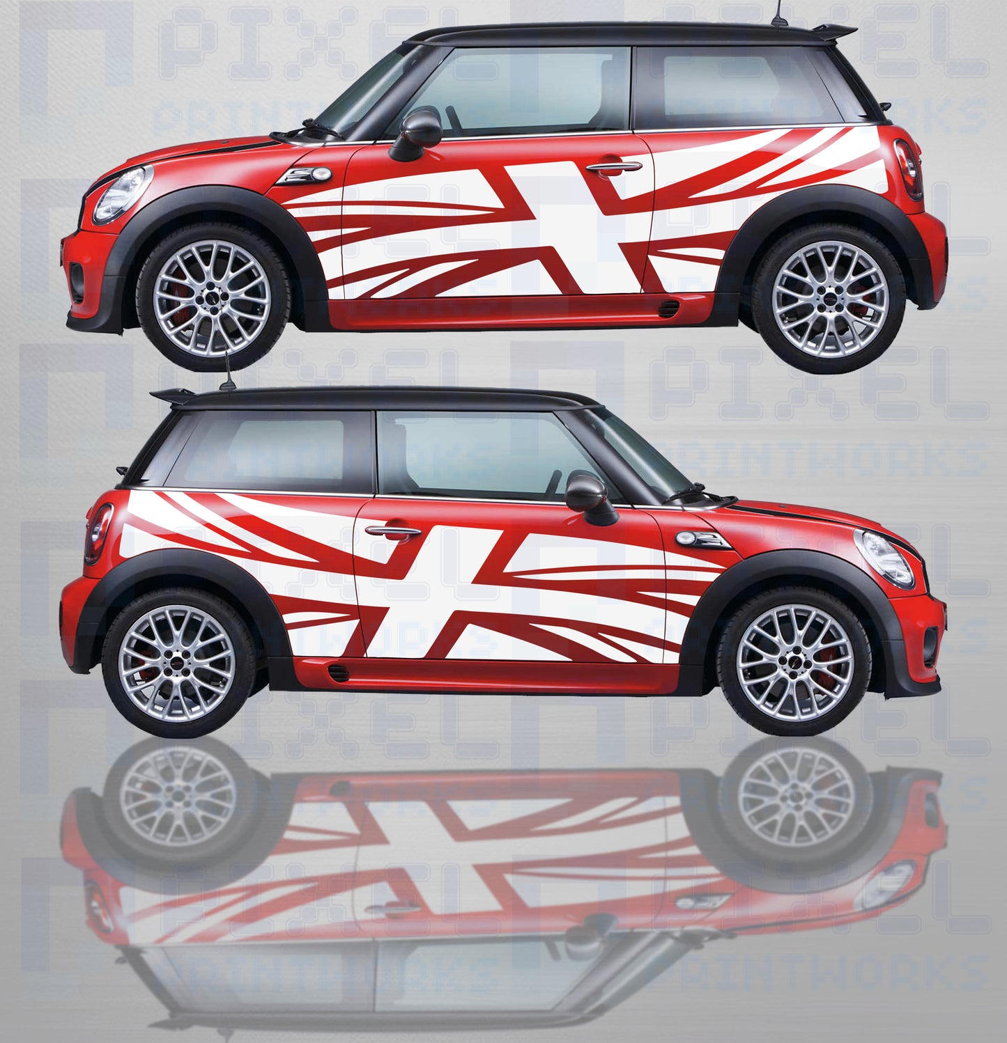 Mini Cooper Union Jack side decals applied to car doors with British flag vinyl styling
