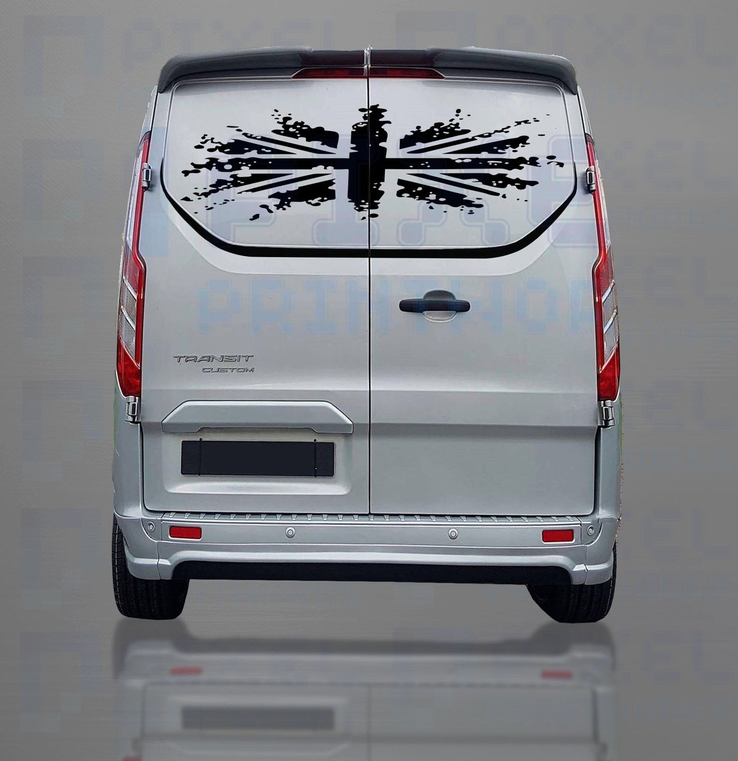 Back view of a white van with a black butterfly design on a gray background