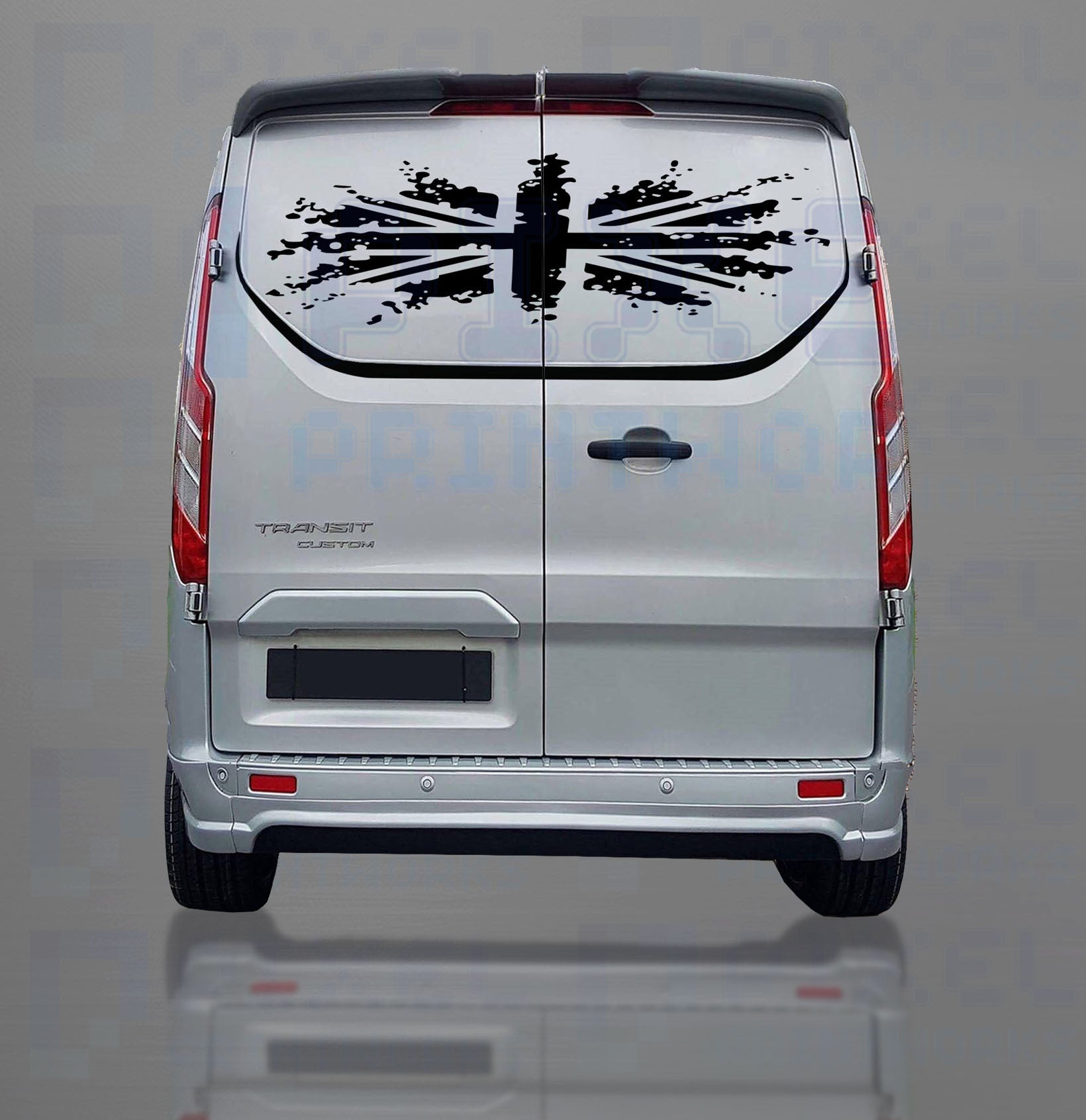 Back view of a white van with a black butterfly design on a gray background