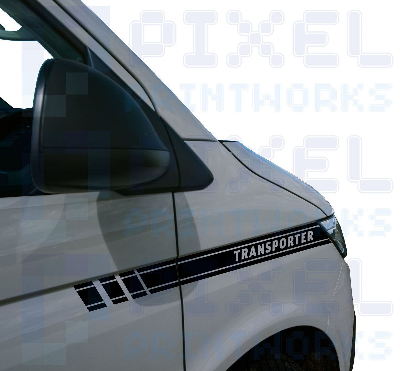 VW Transporter T5 stuttered front wing stripe decals with TRANSPORTER text fitted to van showing bold motorsport styling upgrade
