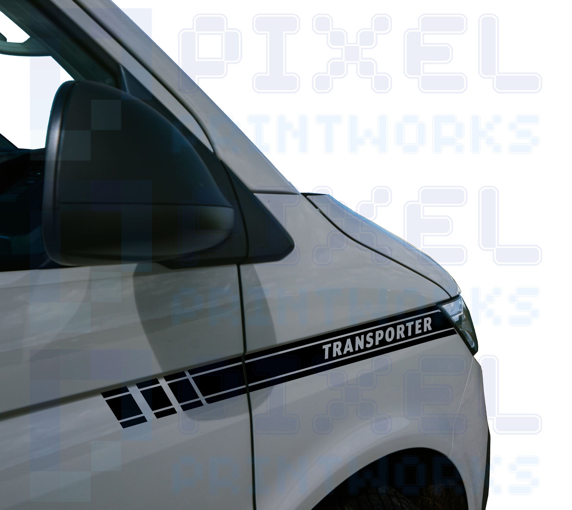 VW Transporter T5 stuttered front wing stripe decals with TRANSPORTER text fitted to van showing bold motorsport styling upgrade