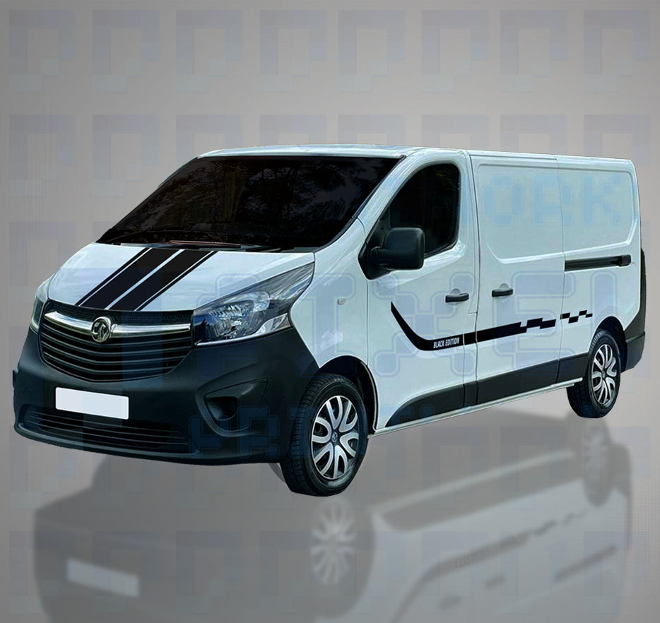 Vauxhall Vivaro with Racing Bonnet Stripes and Black Edition Side Decals by Pixel Printworks