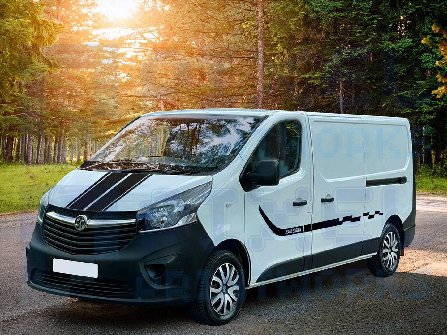 Vauxhall Vivaro Decal Bundle – Black Edition with Racing Bonnet Stripes (2014–2024) | Pixel Printworks