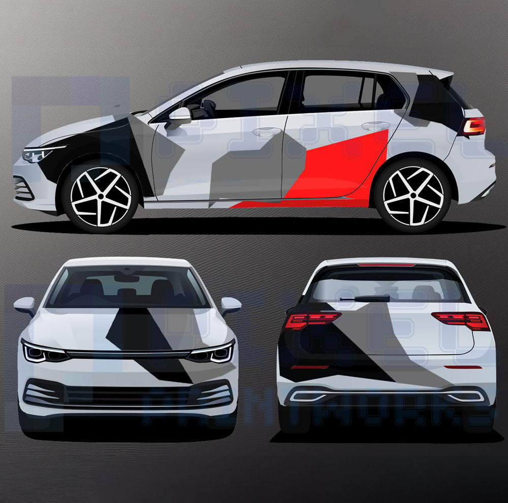 Universal abstract camo vinyl graphics kit with red accent applied to a white hatchback car – front, side and rear preview design by Pixel Printworks