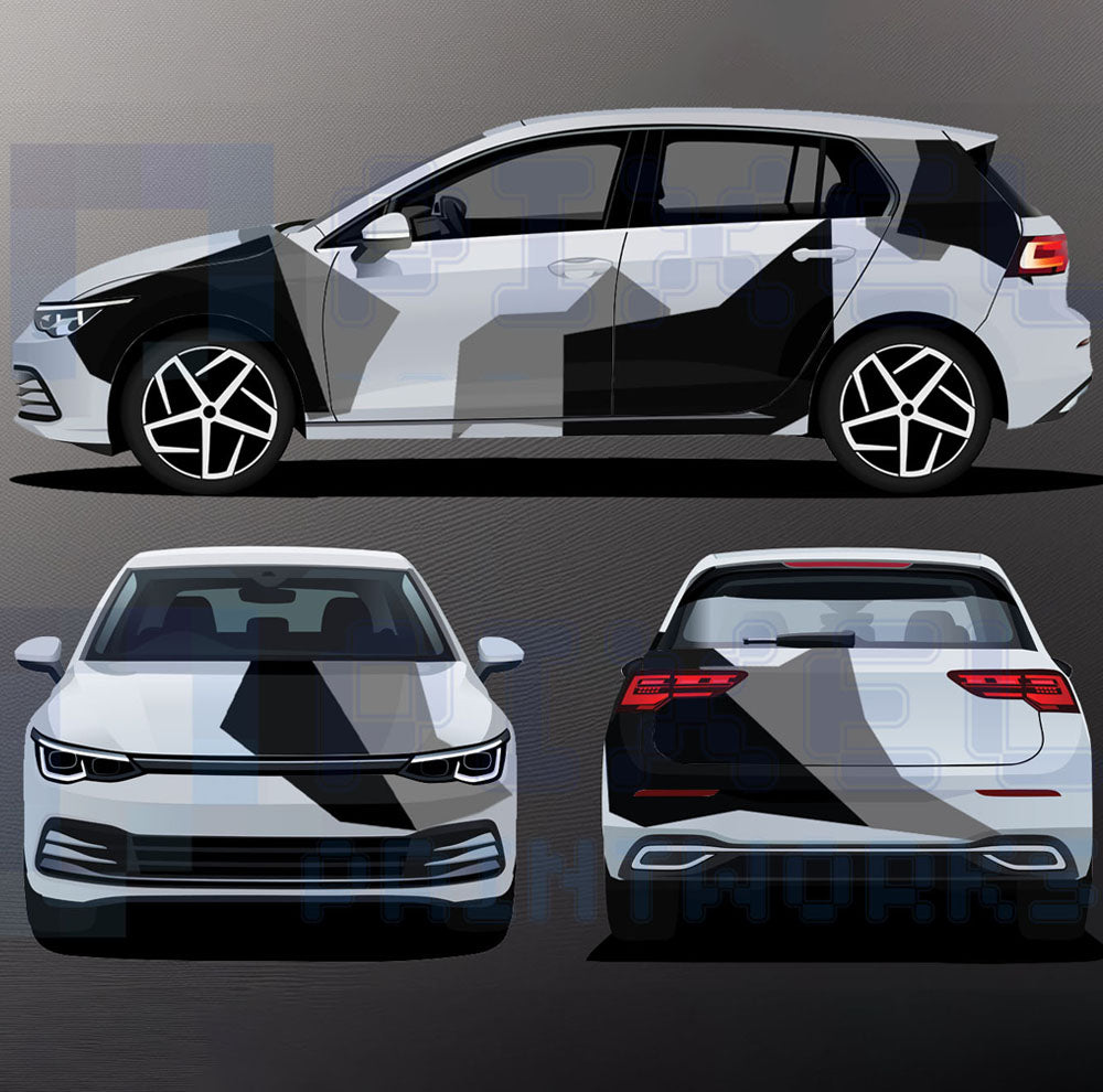 Universal abstract camo vinyl graphics kit applied to a white hatchback car showing front, side and rear views with black and grey geometric camouflage by Pixel Printworks