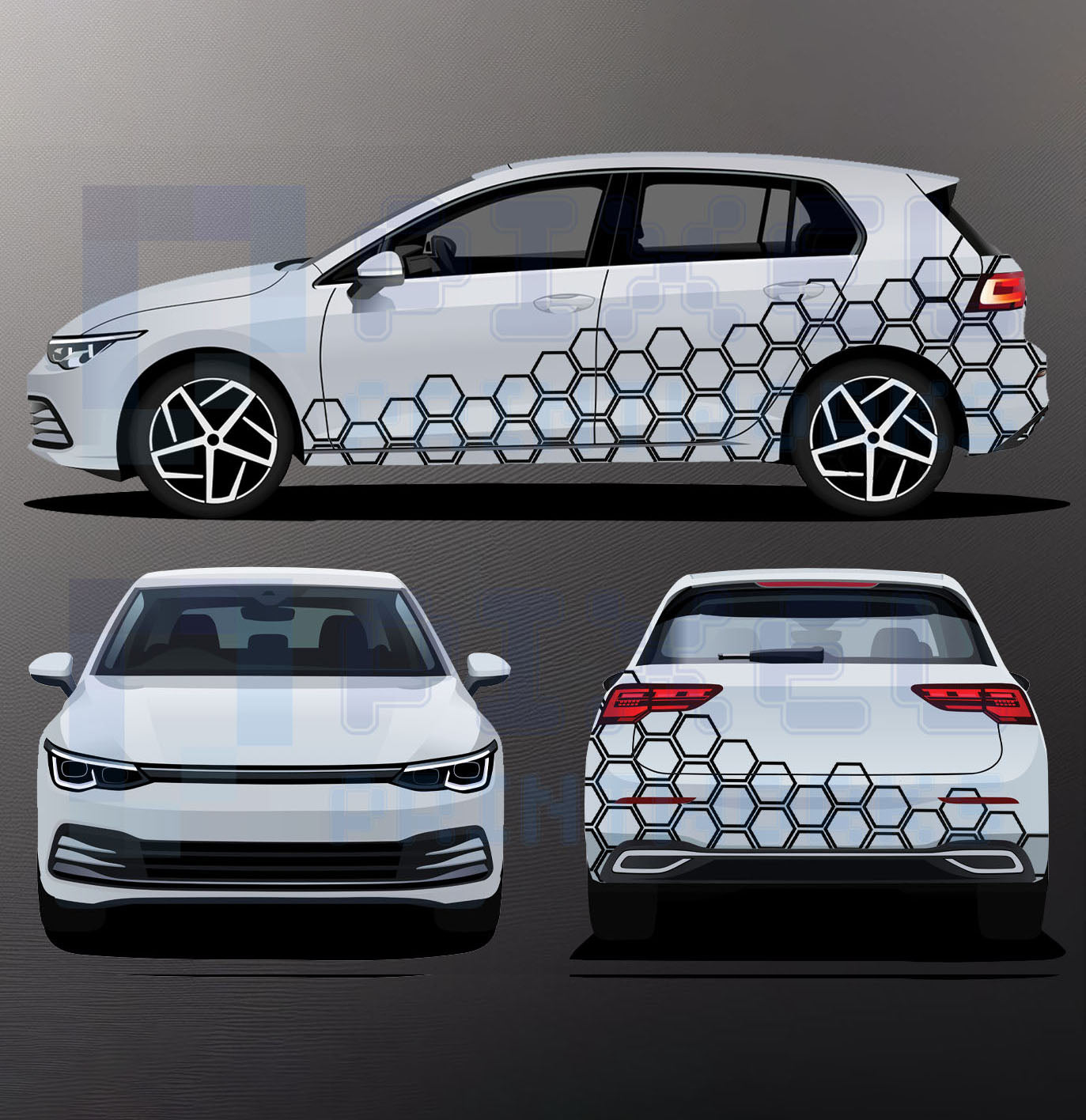 Universal honeycomb outline vinyl graphics kit applied to a white hatchback car showing black hexagon line decals on side and rear for a clean modern styling finish by Pixel Printworks