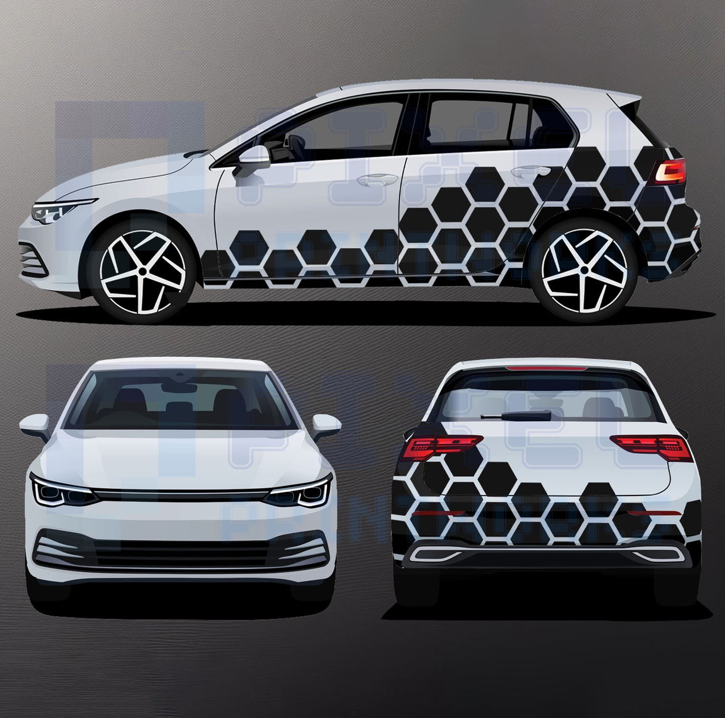 Universal honeycomb vinyl graphics full kit applied to a white hatchback car showing increased hexagon decal coverage along the side and rear for bold modern styling by Pixel Printworks