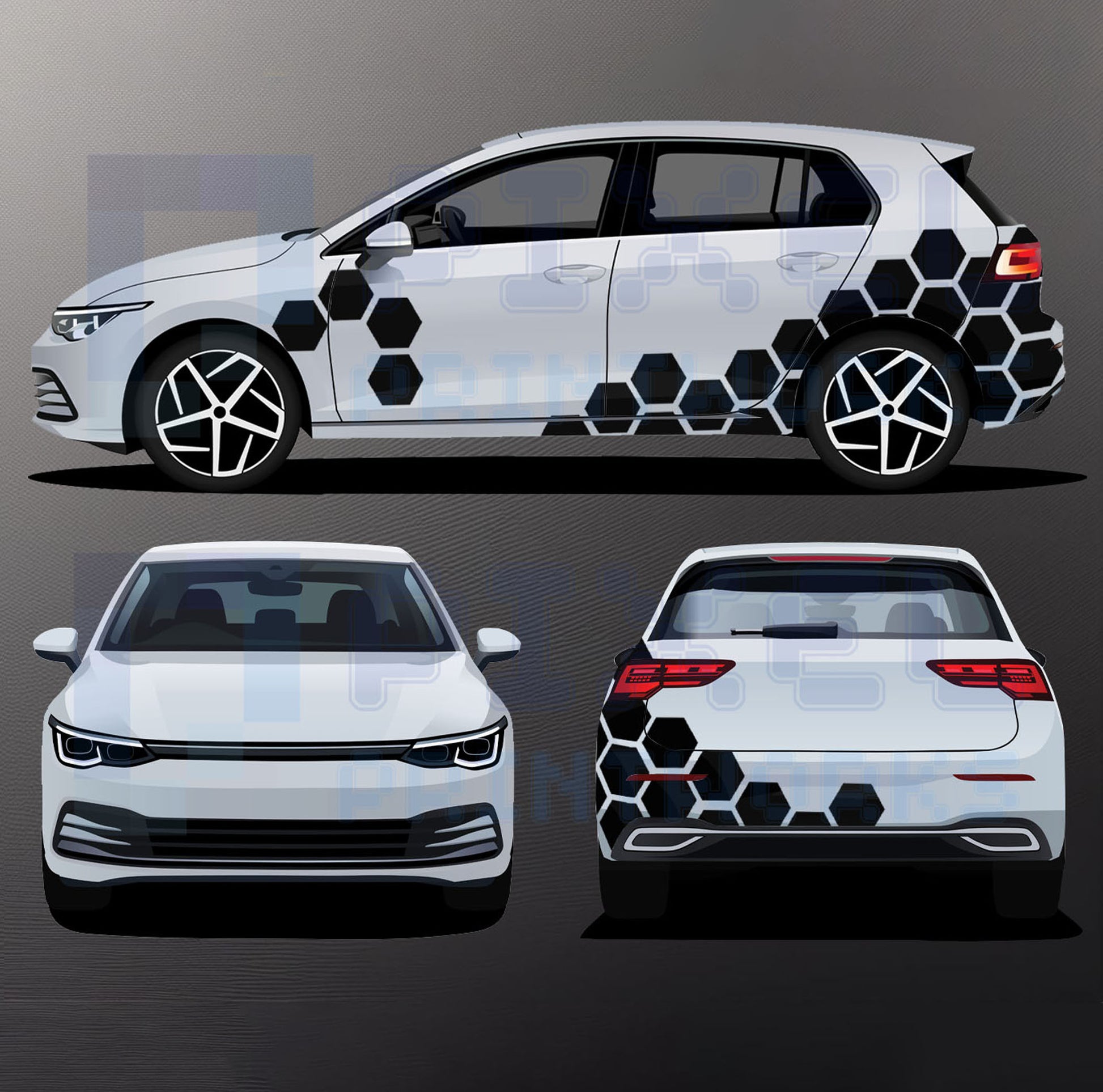 Universal honeycomb vinyl graphics half kit applied to a white hatchback car showing minimal hexagon decals on side and rear for a clean modern styling look by Pixel Printworks