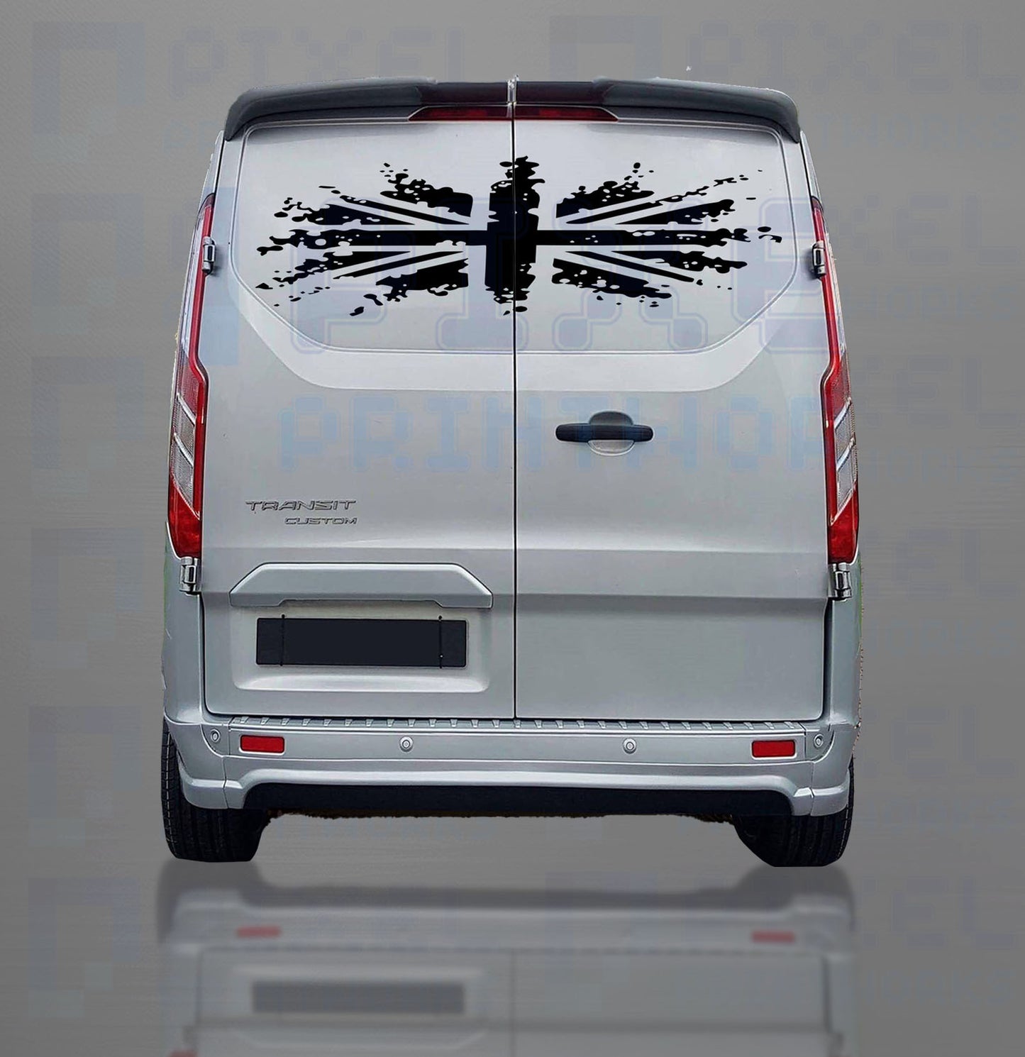 Back view of a white van with a black decal on a gray background