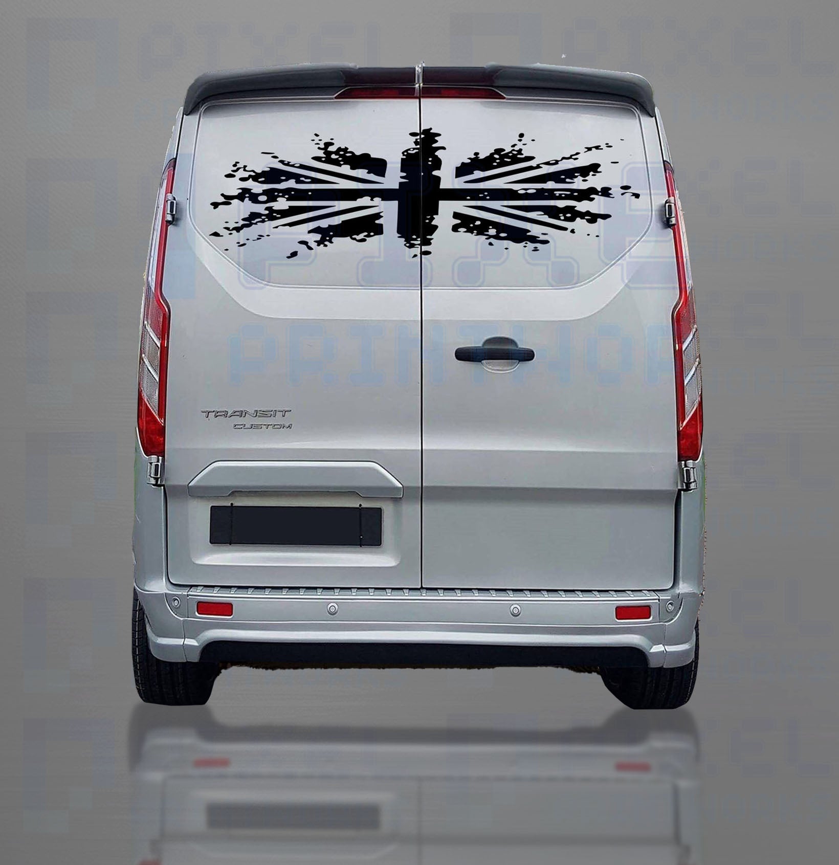 Back view of a white van with a black decal on a gray background