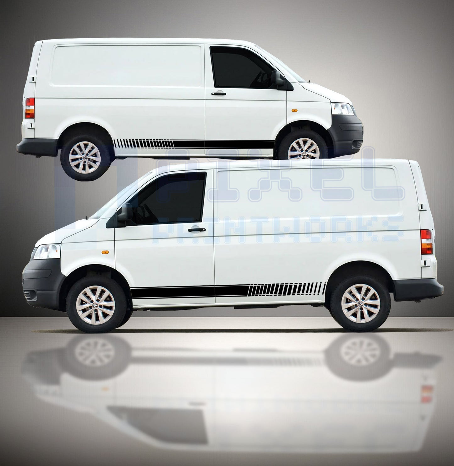 VW Transporter T4 T5 T6 stuttered side stripe decals fitted to van showing bold motorsport inspired stepped rear design