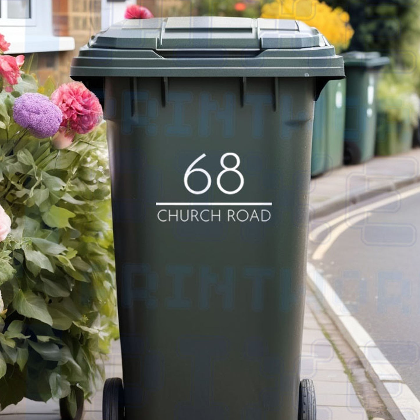 Personalised classic wheelie bin sticker displaying house number and street name with a clean dividing line on a bin outside a UK home by Pixel Printworks