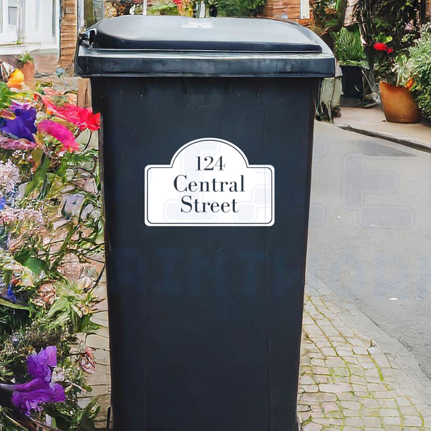 Personalised sign design wheelie bin sticker showing house number and street name in a framed traditional sign style on a bin outside a UK home by Pixel Printworks