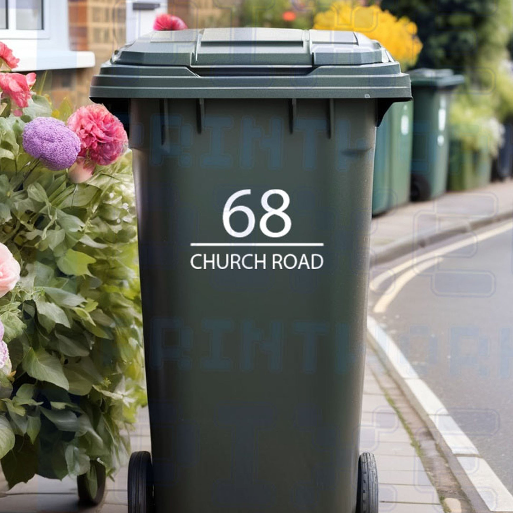 Personalised bold classic wheelie bin sticker showing high visibility house number and street name with dividing line on a bin outside a UK home by Pixel Printworks