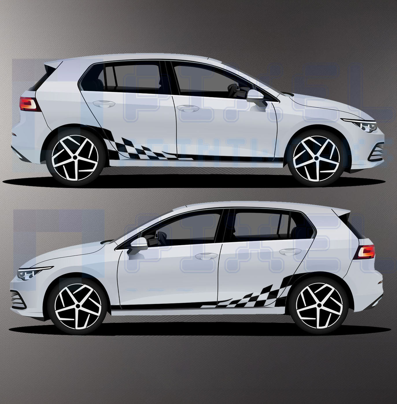 Universal checkered rear arch stripe vinyl decals fitted around car wheel arch