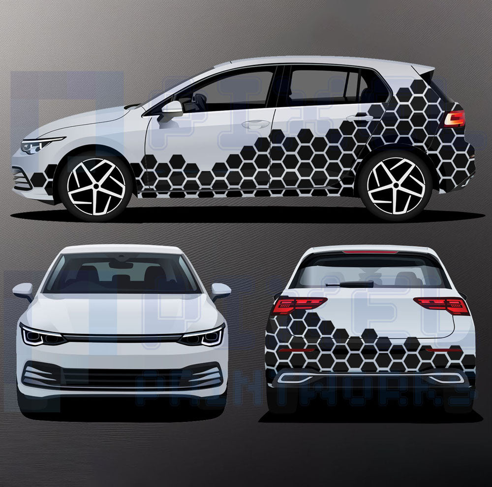 Universal small honeycomb vinyl graphics kit applied to a white hatchback car showing dense hexagon decals along the side and rear for bold modern styling by Pixel Printworks