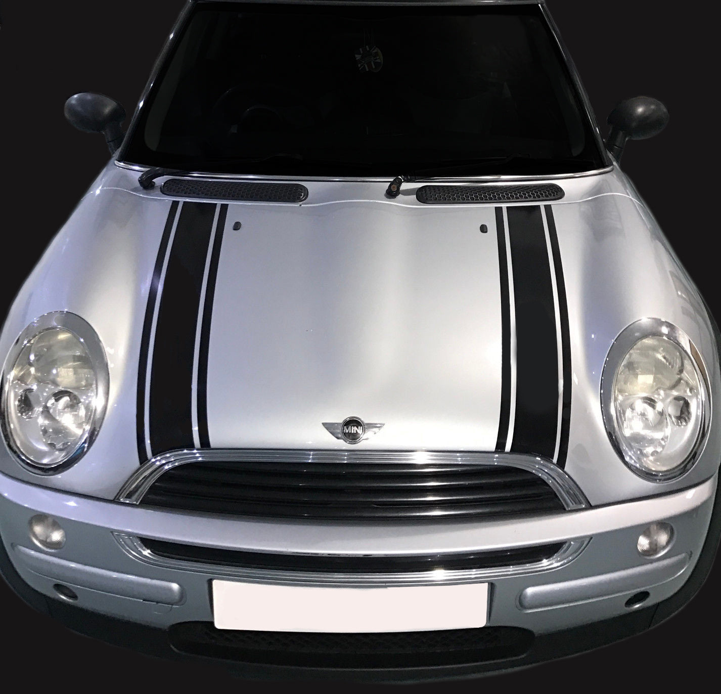 Mini Cooper bonnet stripes vinyl decals applied to car bonnet