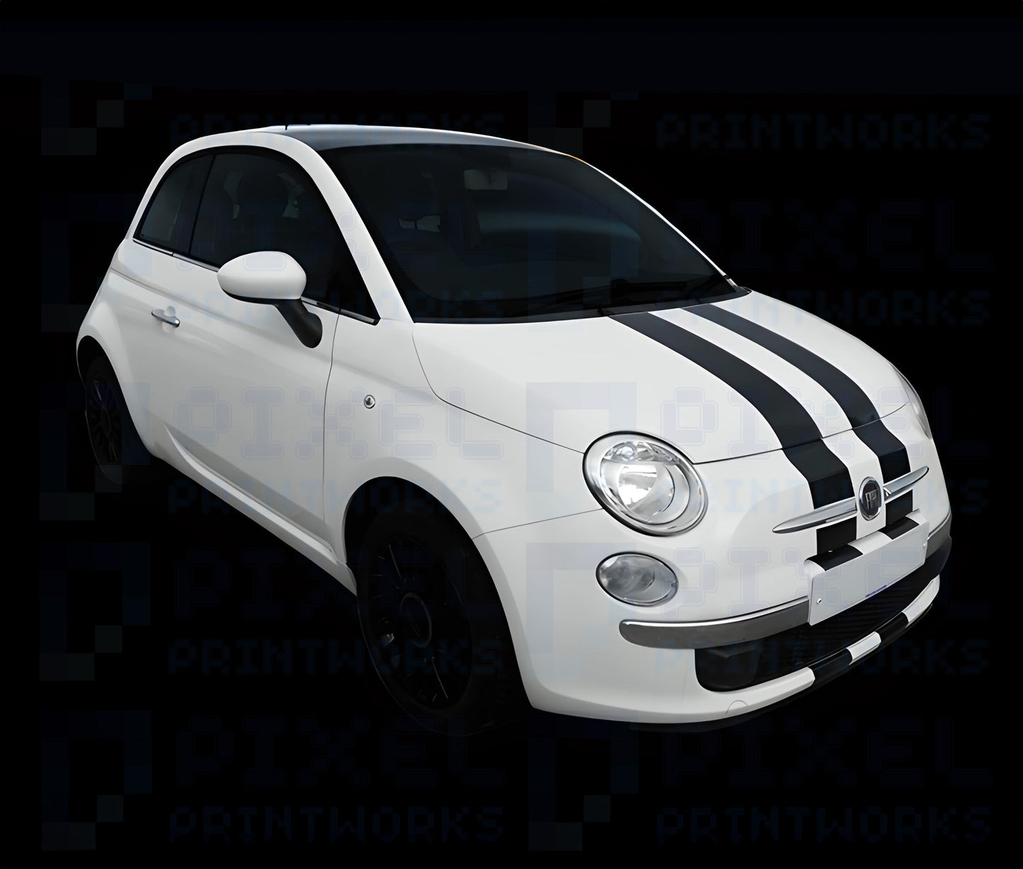 Fiat 500 Full Racing Stripe Kit – Bonnet, Roof & Boot Vinyl Decals | Pixel Printworks