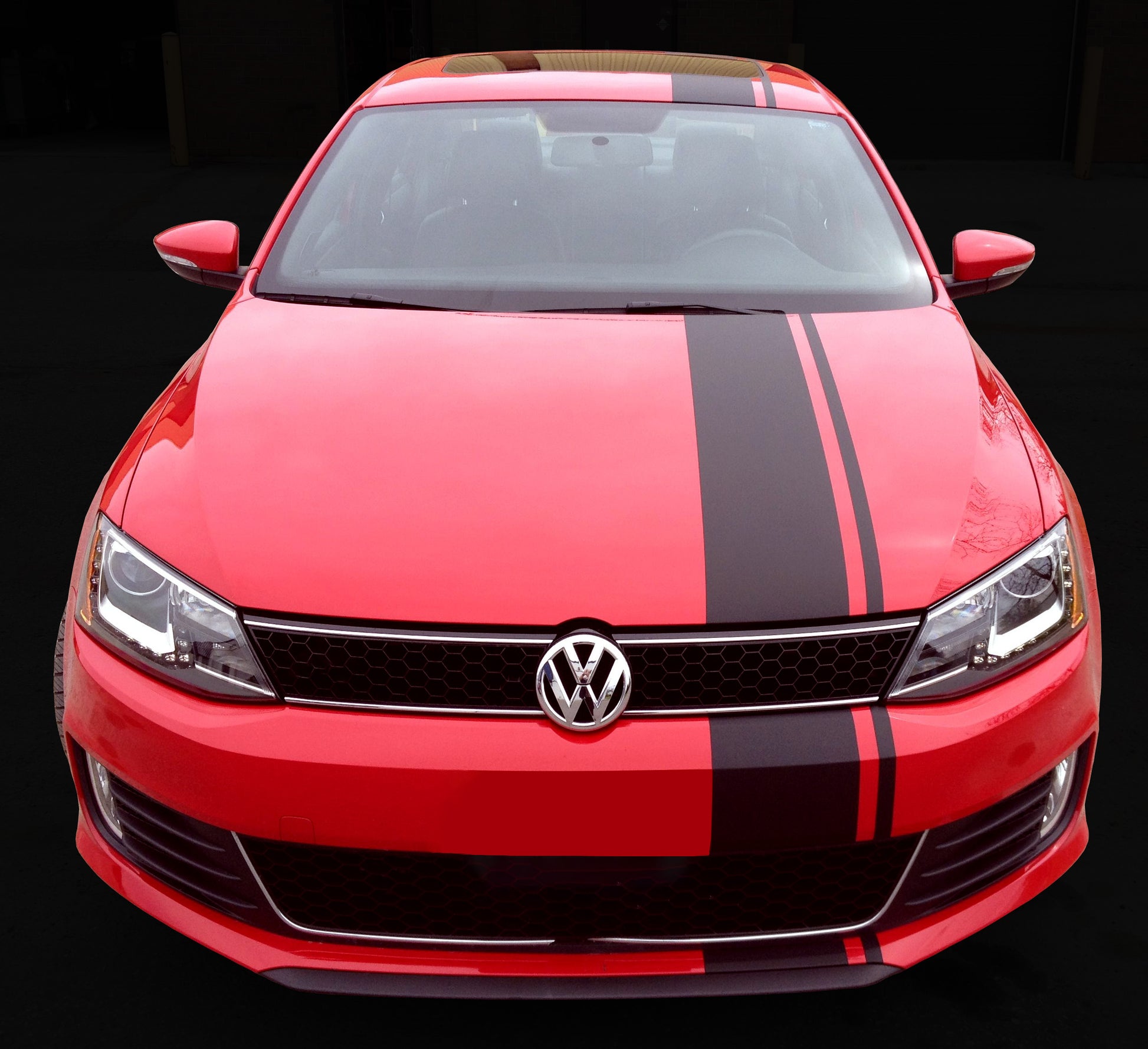 VW Golf with bonnet and roof stripe vinyl decal kit fitted in racing style