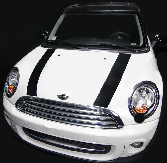Mini Cooper bonnet racing stripes vinyl decal kit applied to bonnet