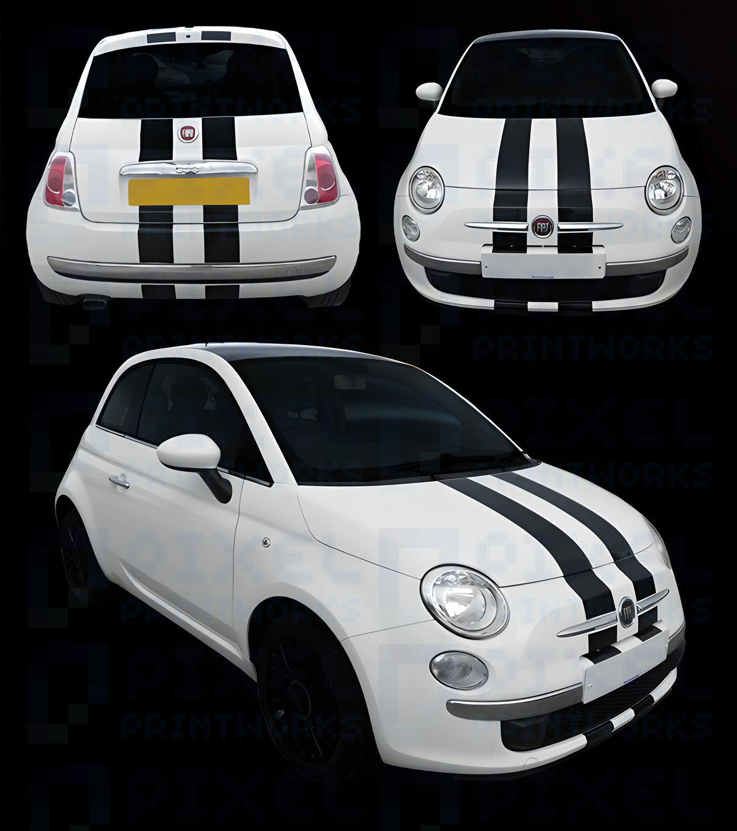 Full length double racing stripe vinyl decals applied to Fiat 500 covering bonnet roof and boot