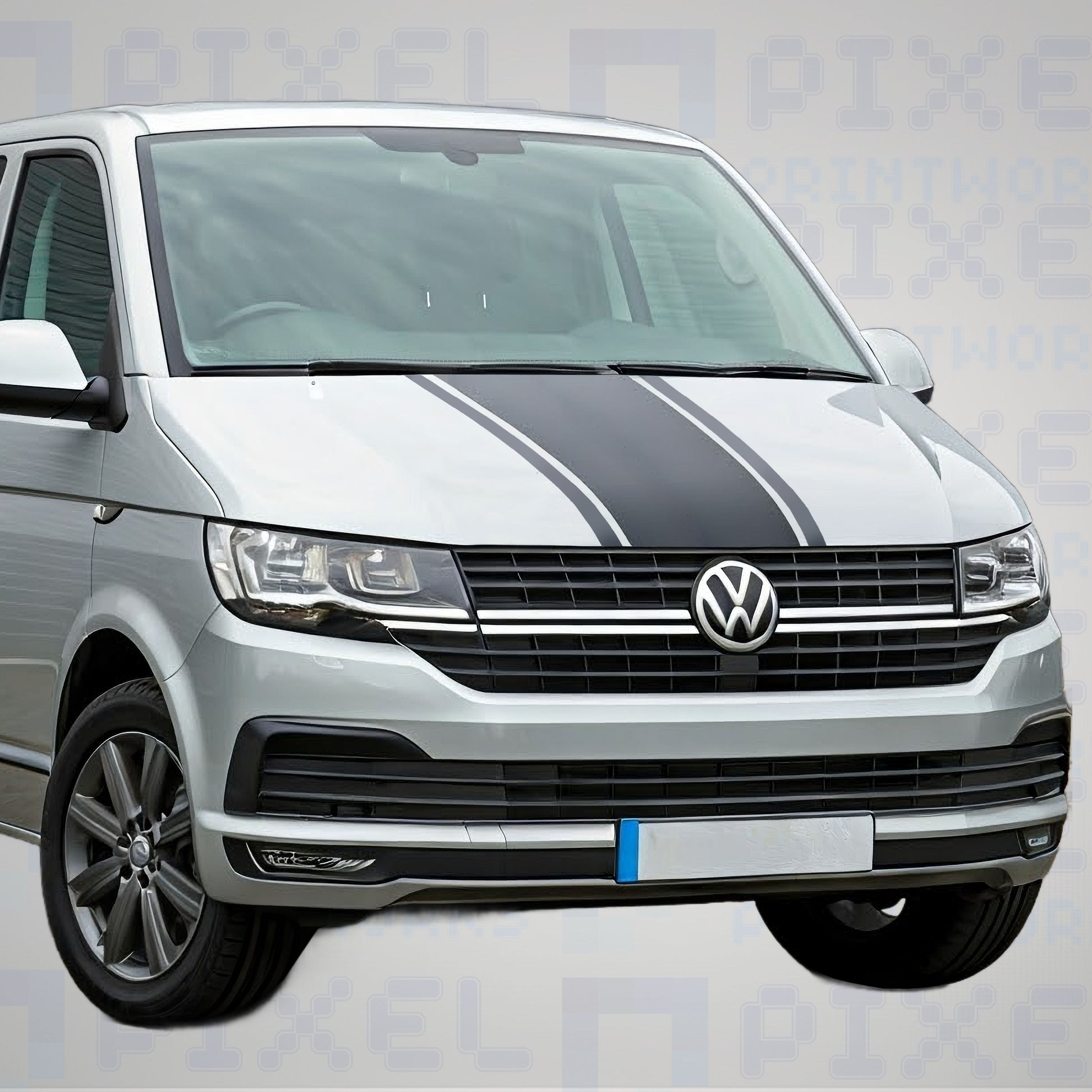 VW Transporter T4 T5 T6 bonnet stripe decal fitted to van bonnet showing sporty custom front styling