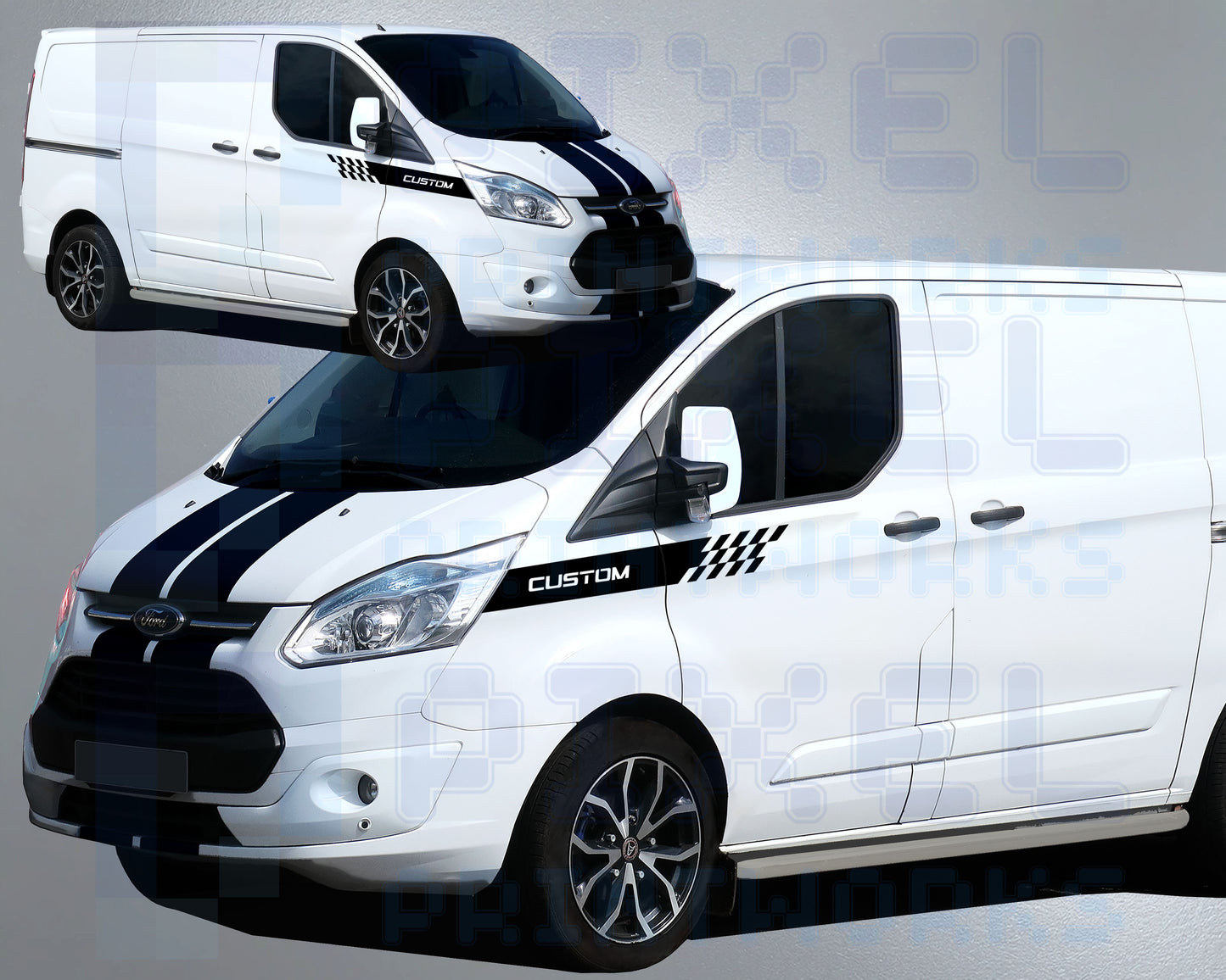 Ford Transit Custom Front Panel Stripe Decal – “Custom” Text with Checker Design (2014–2023) | Pixel Printworks