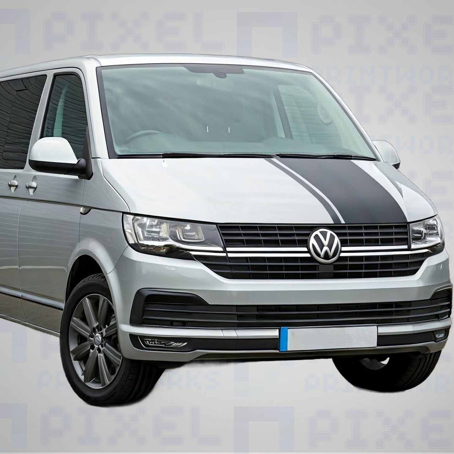 VW Transporter T4 T5 T6 offset bonnet stripe decal fitted to bonnet showing asymmetrical sporty styling upgrade