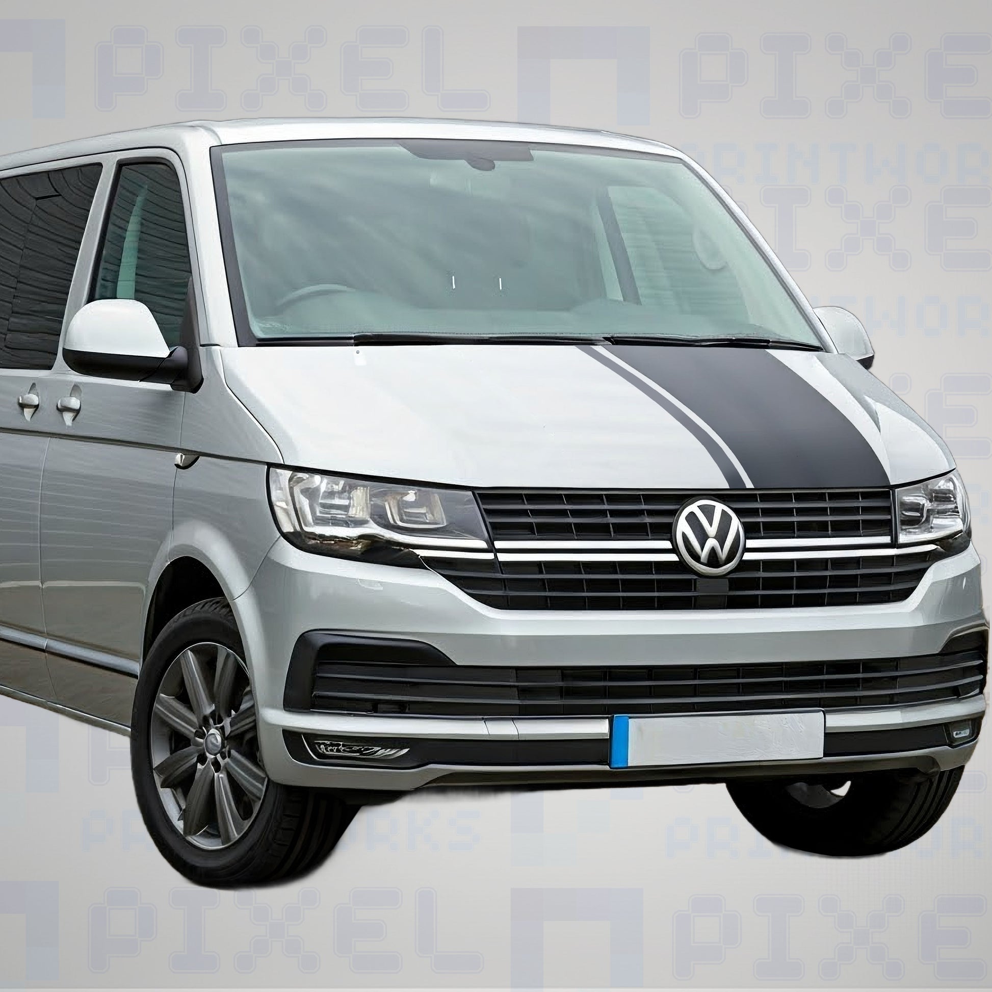 VW Transporter T4 T5 T6 offset bonnet stripe decal fitted to bonnet showing asymmetrical sporty styling upgrade