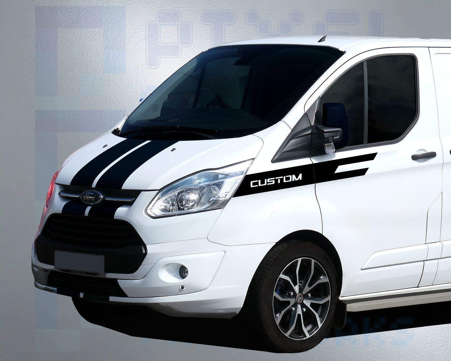 Ford Transit Custom Front Panel Stripe Decal with “Custom” Text – Vinyl Graphic Kit (2014–2023)
