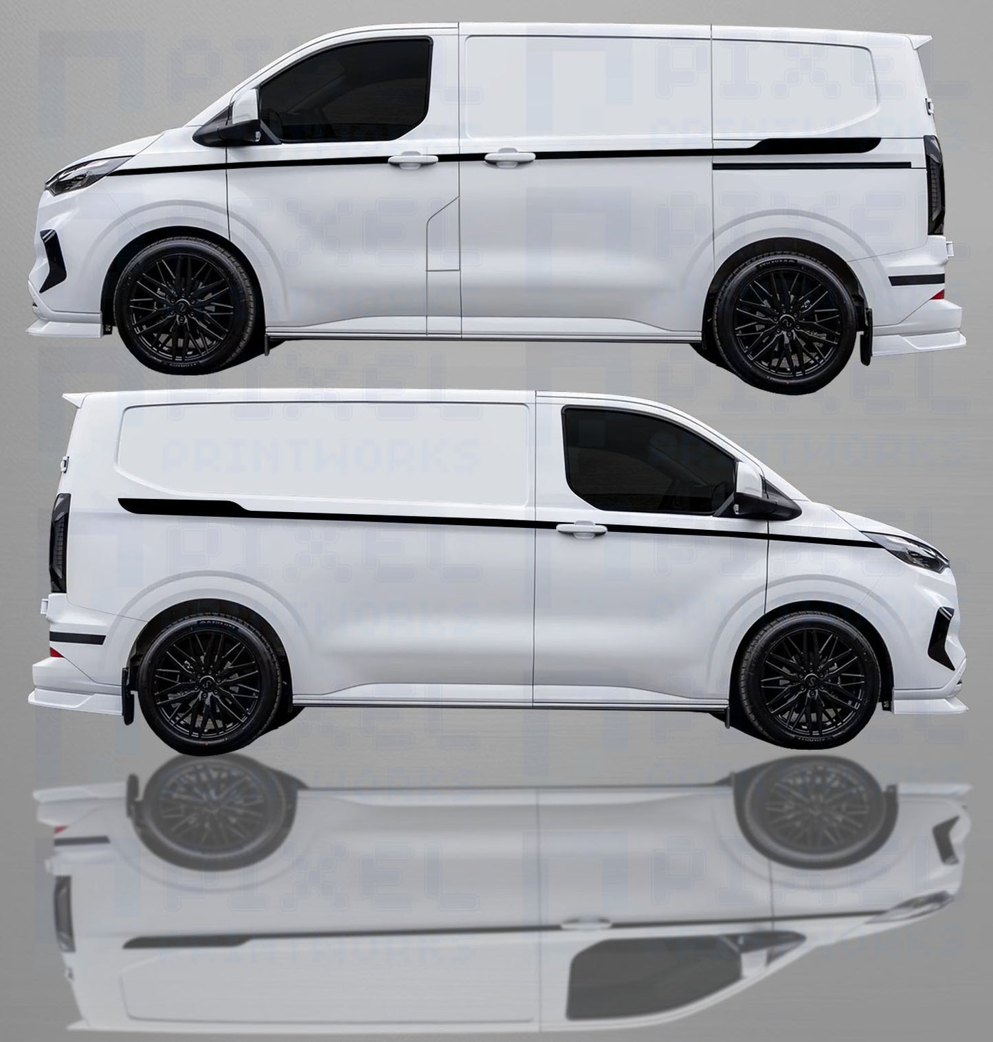 Ford Transit Custom 2023–2025 Full-Length Side Stripe Decals – Sport Vinyl Graphics Kit | Pixel Printworks